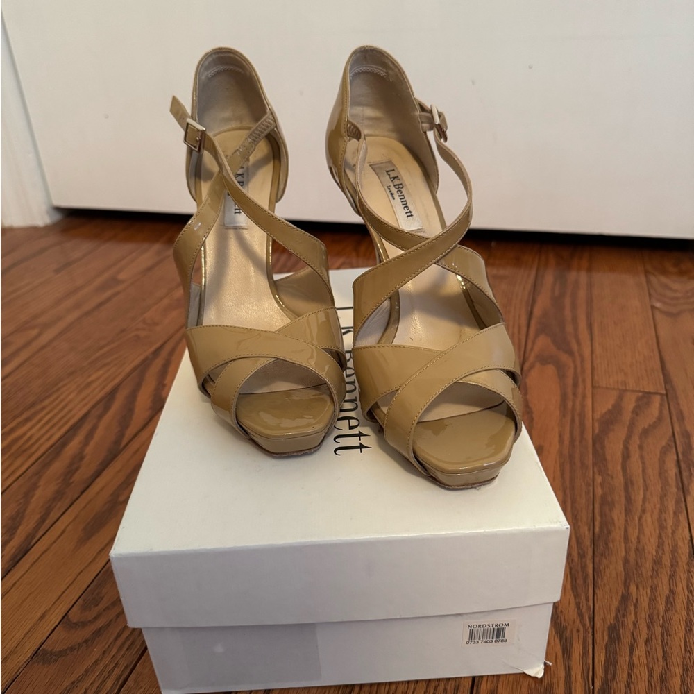 LK Bennett Tan Strappy Patent Leather Heels